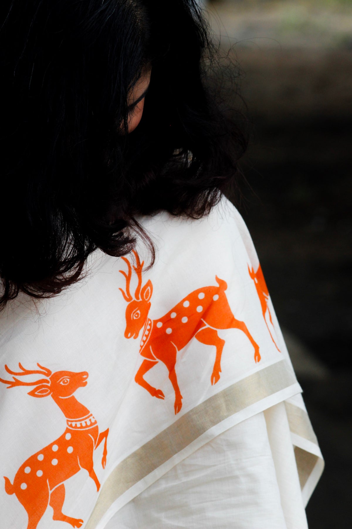 Meadow Muse saree draped, showing how the fabric falls.