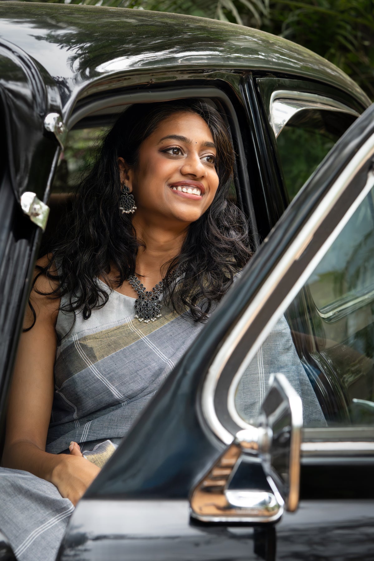 Kaarmegham saree draped, showing how the fabric falls.