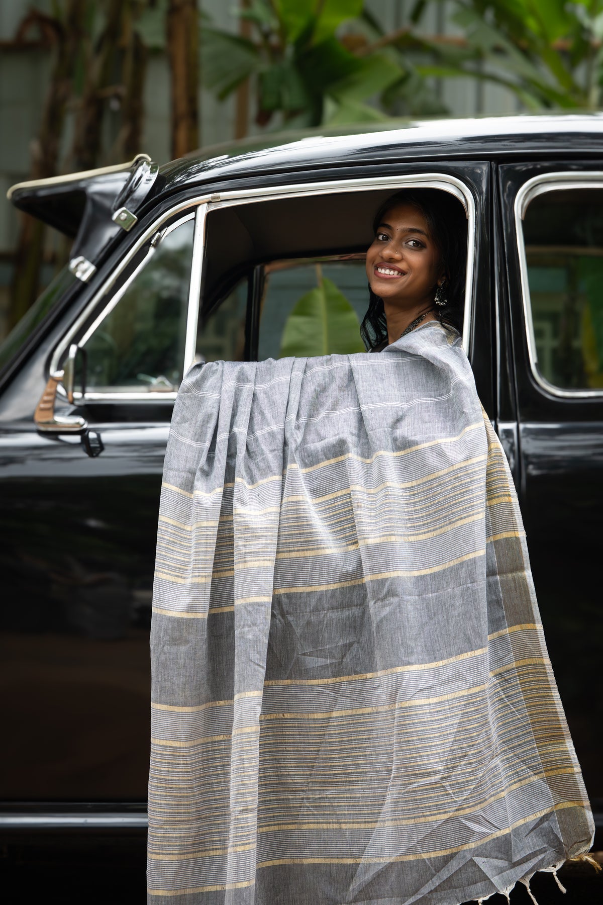 Close-up of the Kaarmegham saree border and weave.