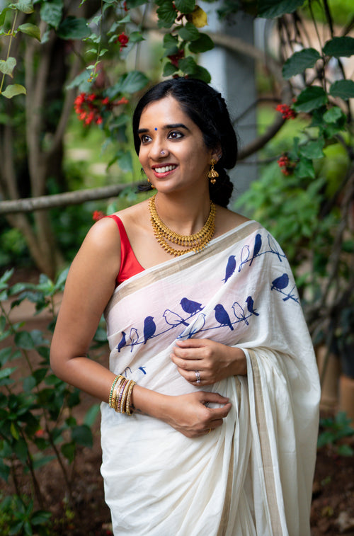 Blue Perch - Printed Kerala Handloom Saree