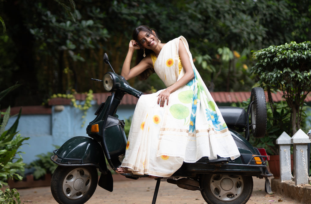 Petals and Sunshine - Printed Keral Handloom Saree