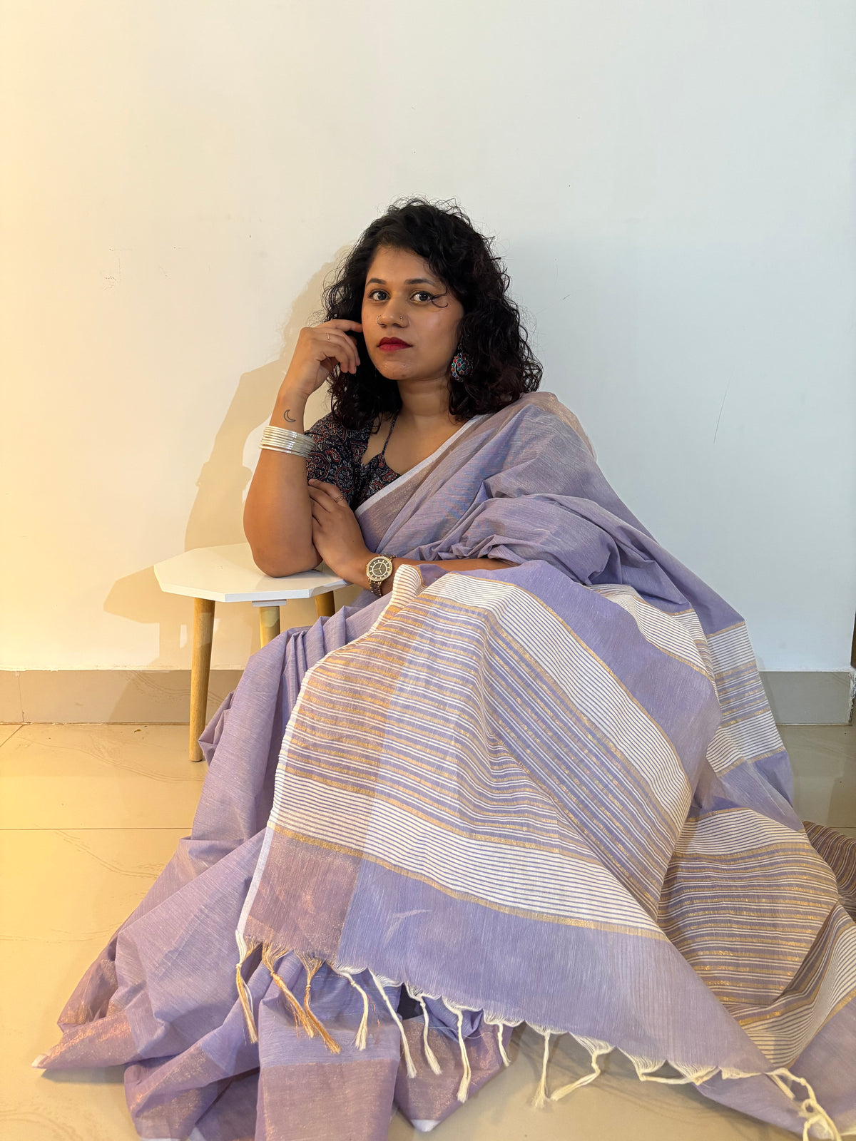 Close-up of the Neela Kurinji saree border and weave.