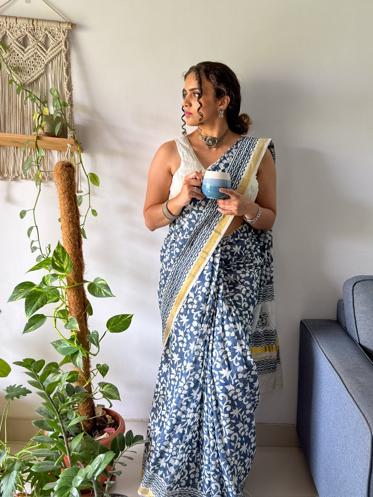 Neeliyamari - Hand Block Printed Handwoven Cotton Saree