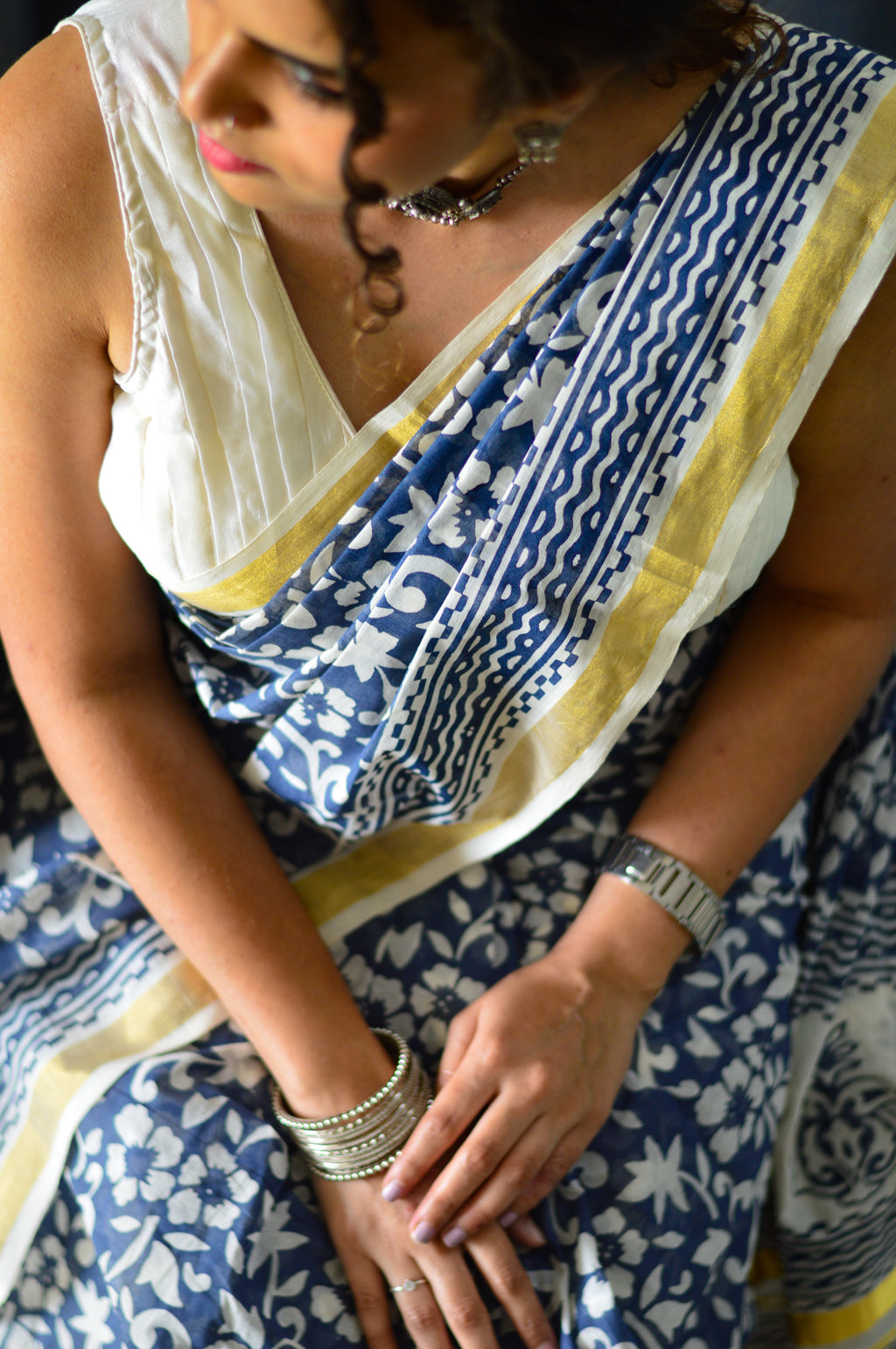 Neeliyamari - Hand Block Printed Handwoven Cotton Saree