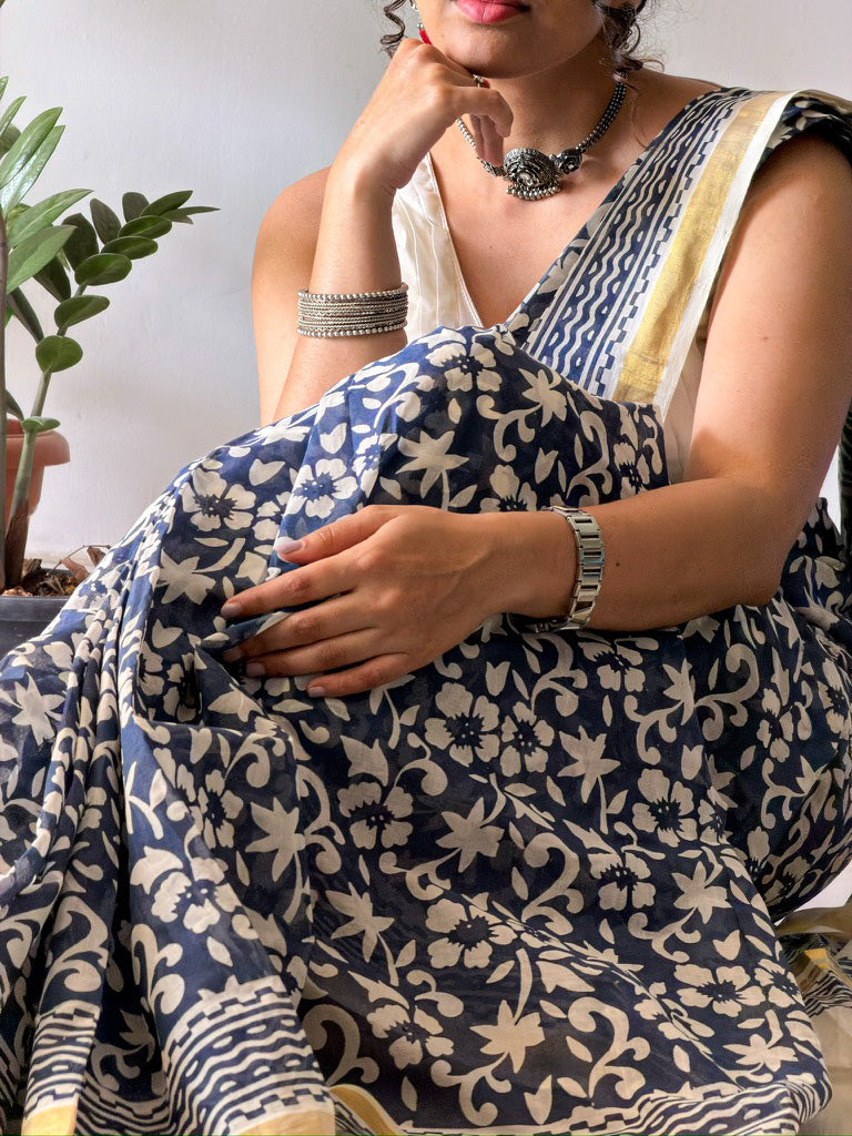 Neeliyamari - Hand Block Printed Handwoven Cotton Saree