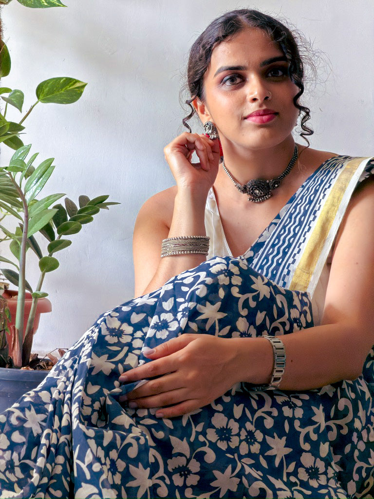 Neeliyamari - Hand Block Printed Handwoven Cotton Saree